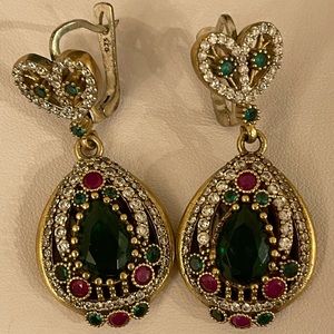 Silver earrings with ruby, emerald topaz 2”
